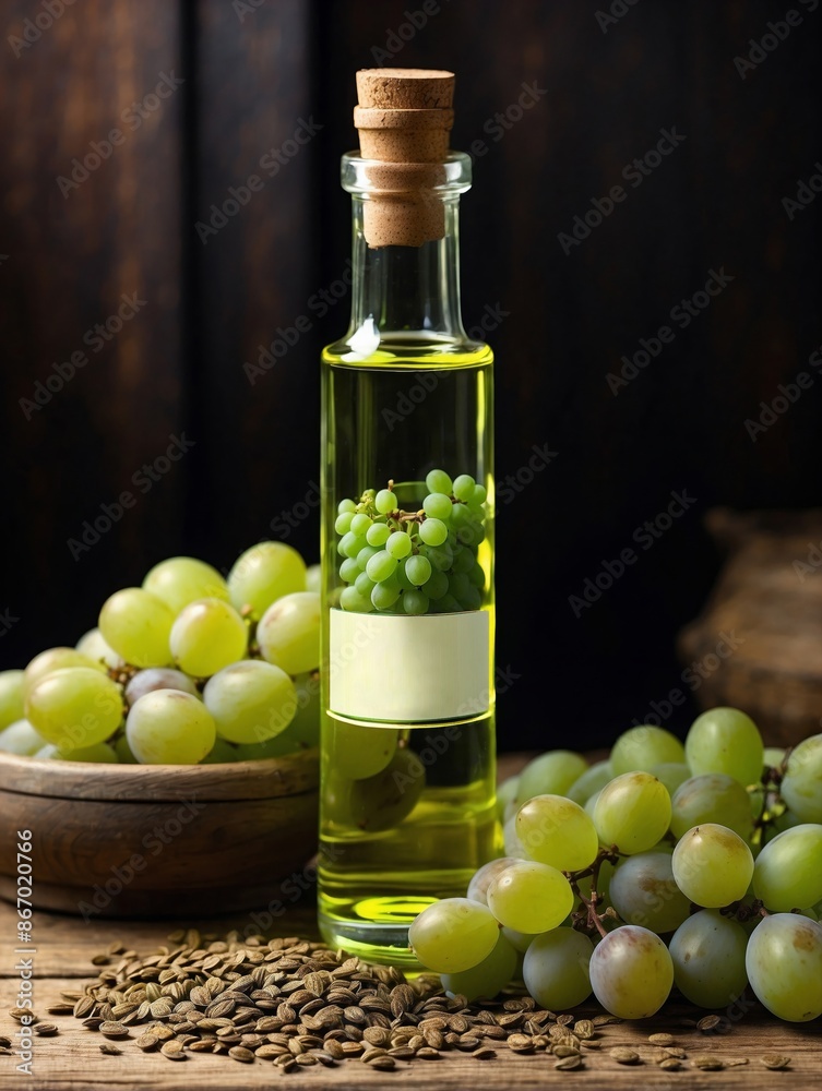 Fototapeta premium Grape-seed Oil: A sleek bottle of light green grape-seed oil, with a bunch of green grapes and a few loose grape seeds.