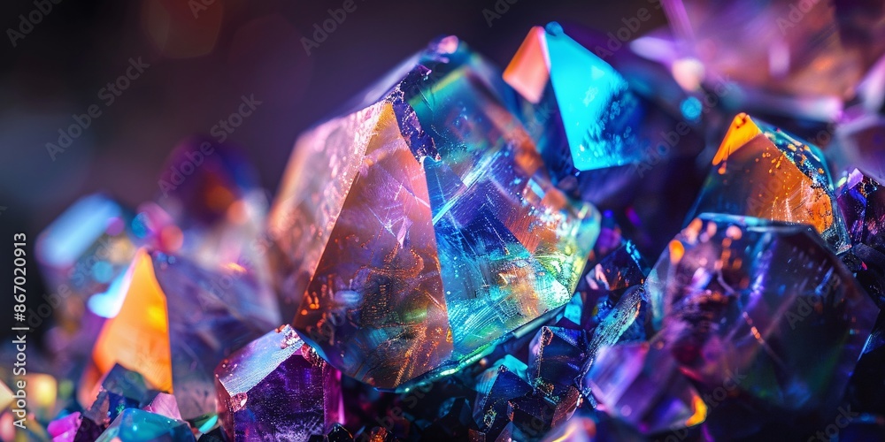 Realistic Photo of Iridescent Gem in Abstract Shape on Dark Background with Soft Light, Stunning and Unique Crystal Art Realistic Photo of Iridescent Gem in Abstract Shape on Dark Background with Soft Light, Stunning and Unique Crystal Art