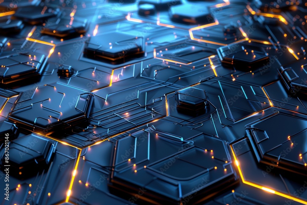 Obraz premium Abstract background of glowing hexagons, concept of technology, science, and the future.