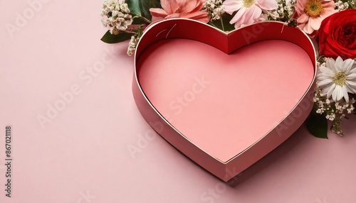 Heart-shaped gift box with flowers on soft pink background