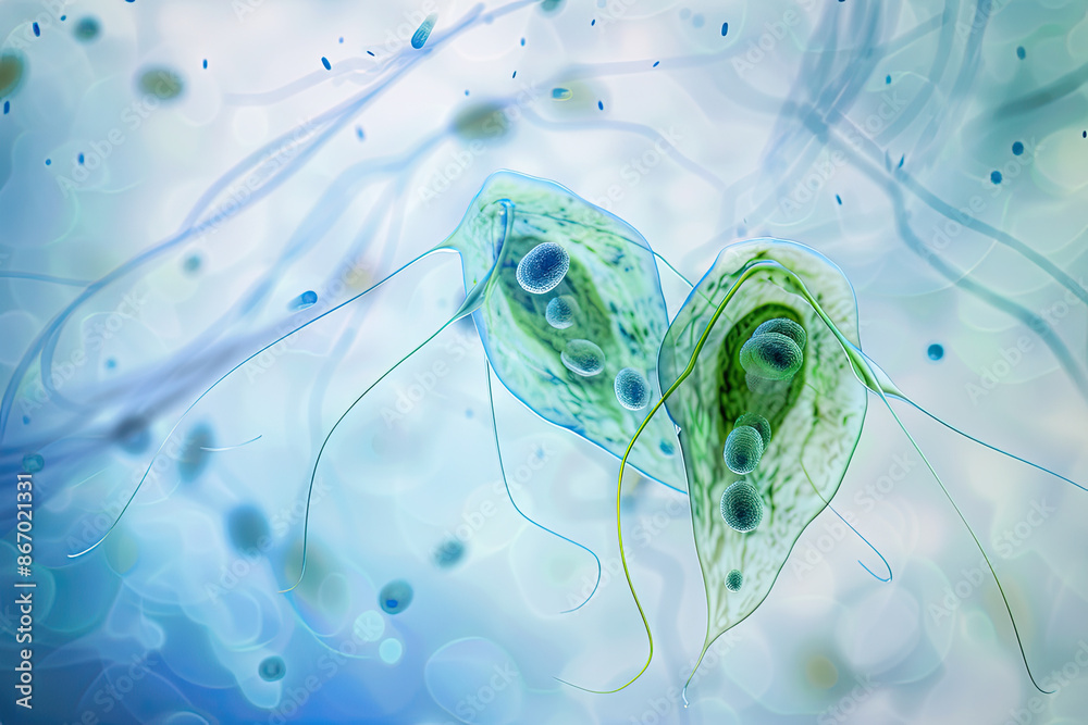Detailed microscopic view of Giardia lamblia, light green and blue, tear-shaped, in a watery setting with ripples and particles.