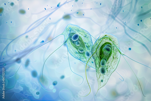 Obraz na płótnie Detailed microscopic view of Giardia lamblia, light green and blue, tear-shaped, in a watery setting with ripples and particles. w salonie
