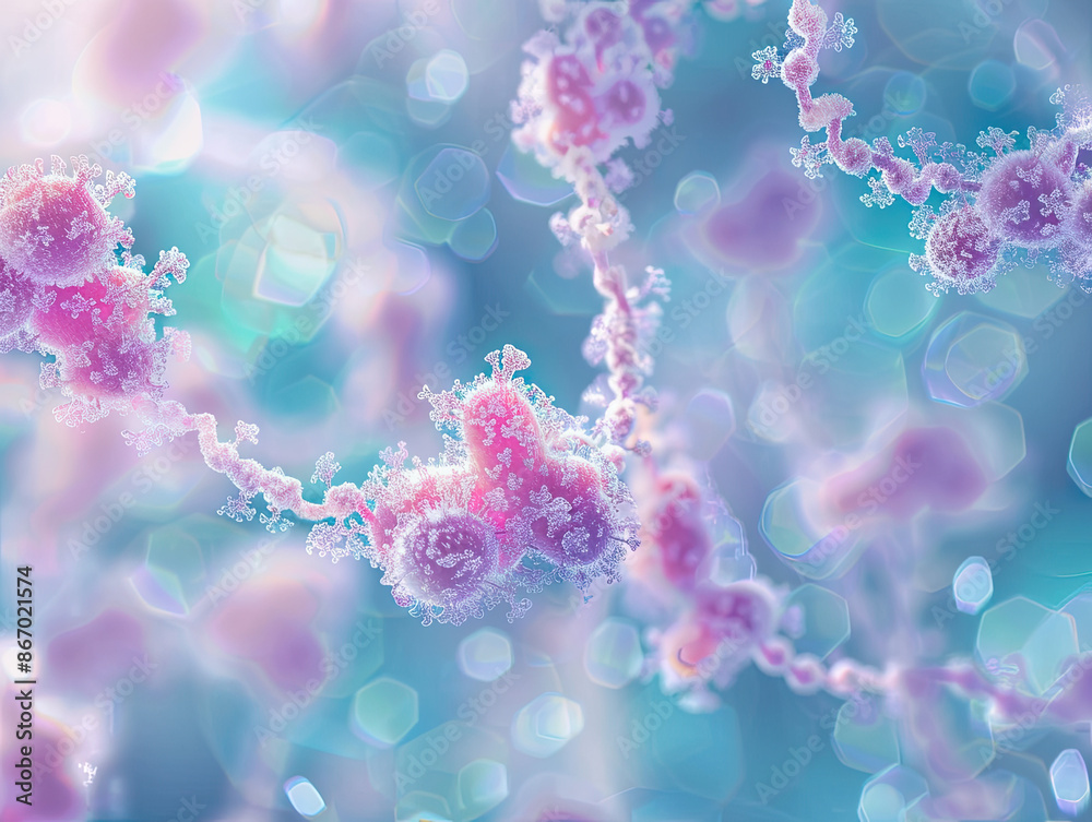 Detailed view of chain-like Streptococcus, soft pink and purple, in a light blue fluid with gentle light reflections and cellular structures. Detailed view of chain-like Streptococcus, soft pink and purple, in a light blue fluid with gentle light reflections and cellular structures.