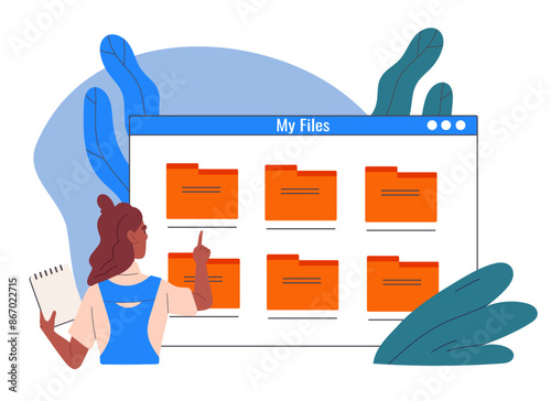 Woman with files. Young girl with documents and electronic files. Pictures and images. Electronic storage and archive. Worker and employee with cloud service. Flat vector illustration