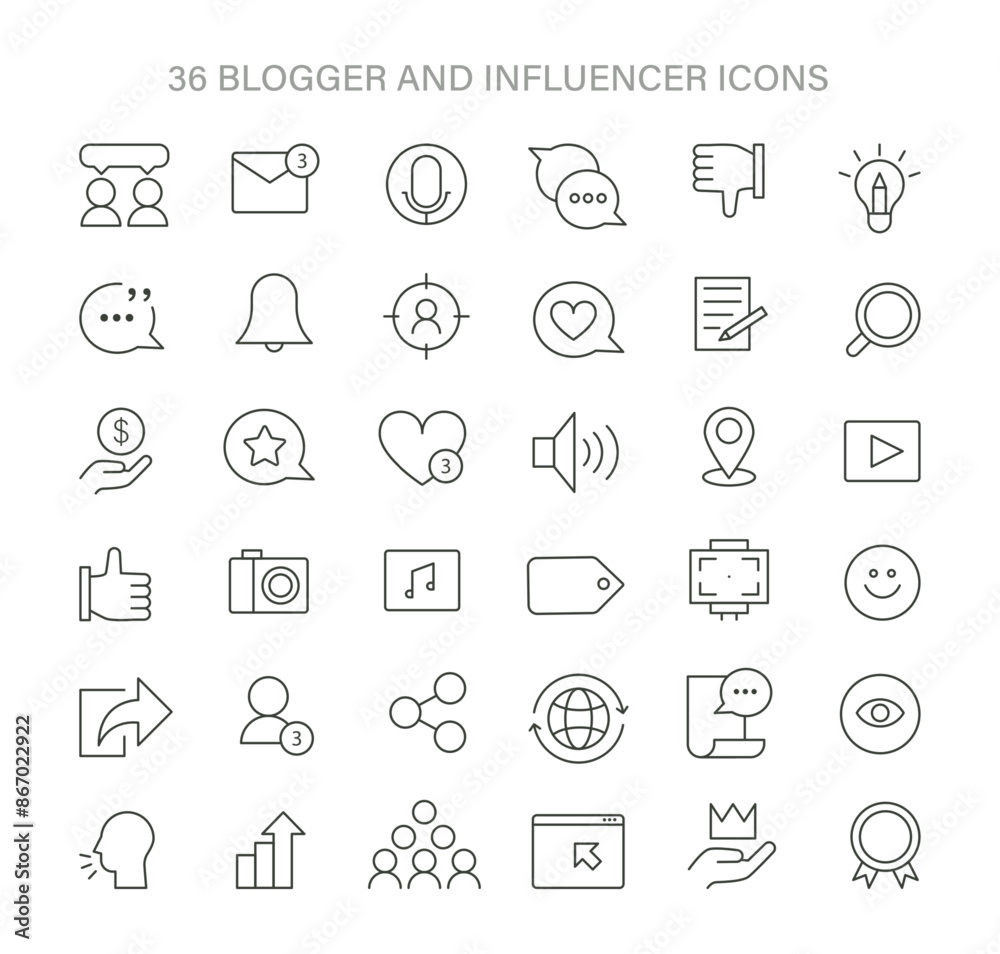 Blogger and Influencer icons set. Versatile icons for content creation, audience engagement, and personal branding. Blogger and Influencer icons set. Versatile icons for content creation, audience engagement, and personal branding.