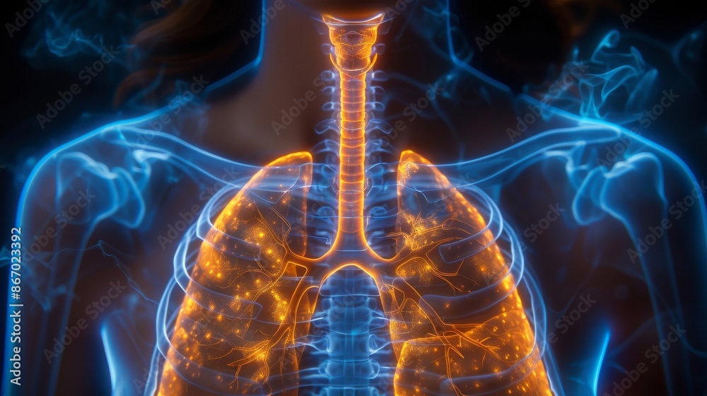 Human respiratory system highlighted with glowing lungs and detailed anatomy Human respiratory system highlighted with glowing lungs and detailed anatomy