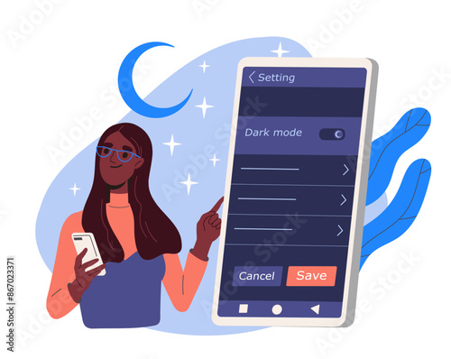 Night mode on the phone. A mode for resting your eyes and preparing your body for sleep. Dark mode at smartphone. Flat vector illustration isolated on white background