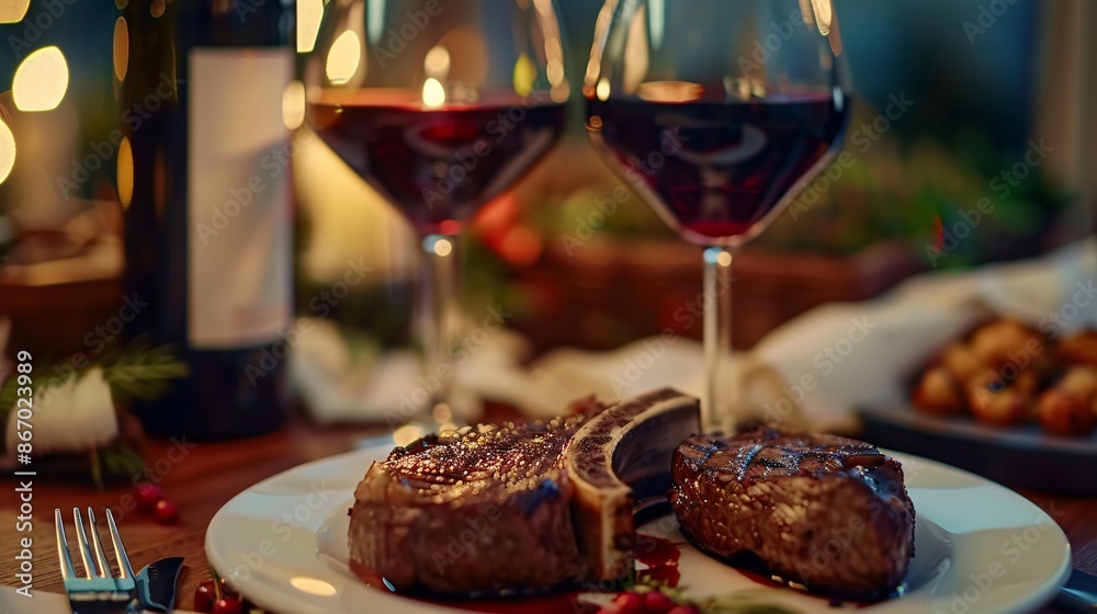 Candlelit dinner for a couple, enjoying succulent steaks and glasses of full-bodied red wine. Candlelit dinner for a couple, enjoying succulent steaks and glasses of full-bodied red wine.