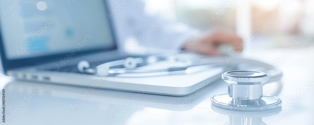A close-up of a stethoscope on a doctor's desk next to a laptop, symbolizing modern healthcare and medical technology. A close-up of a stethoscope on a doctor's desk next to a laptop, symbolizing modern healthcare and medical technology.