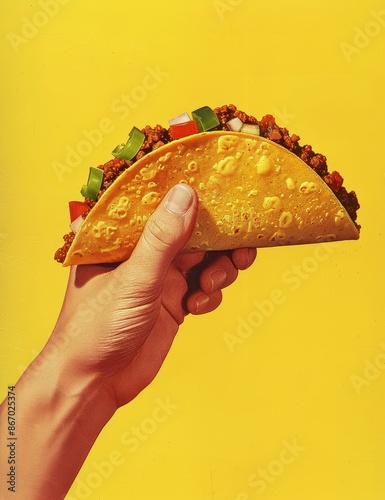 A hand holding an open taco against a bright yellow background, in the 90s advertising poster style, in the magazine ad style, with a retro vibe, using vintage colors, for a food advertisement