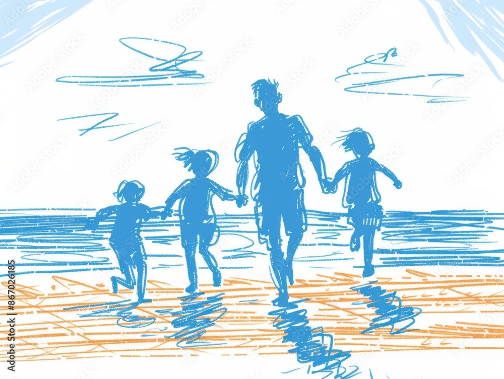 Obraz premium Joyful Family Bonding: Artistic Beach Scene with Father and Children Playing Under Sunny Skies