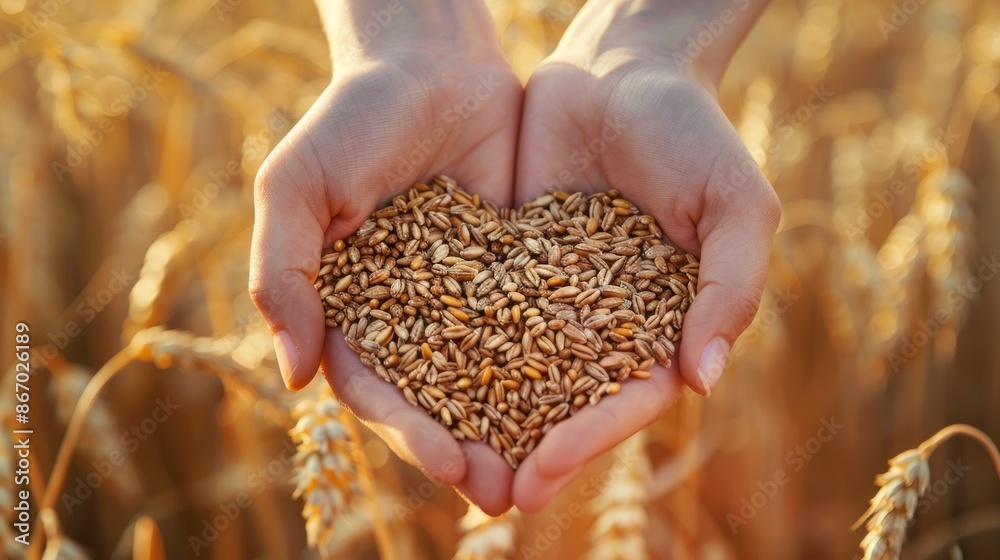 Hands Holding Wheat Grains in a Sunny Golden Field at Harvest Time Hands Holding Wheat Grains in a Sunny Golden Field at Harvest Time