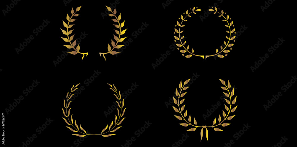 Obraz premium Collection Of Golden Laurel Wreaths On Black Background, Award Winner Emblems Vector Illustration. 