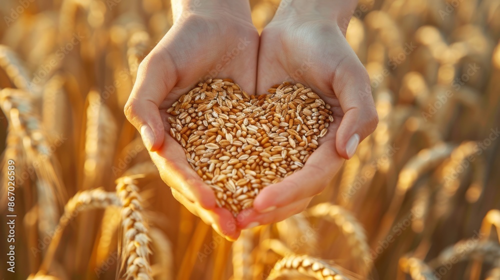 Hands Holding Grains in Golden Wheat Field during Sunset Hands Holding Grains in Golden Wheat Field during Sunset