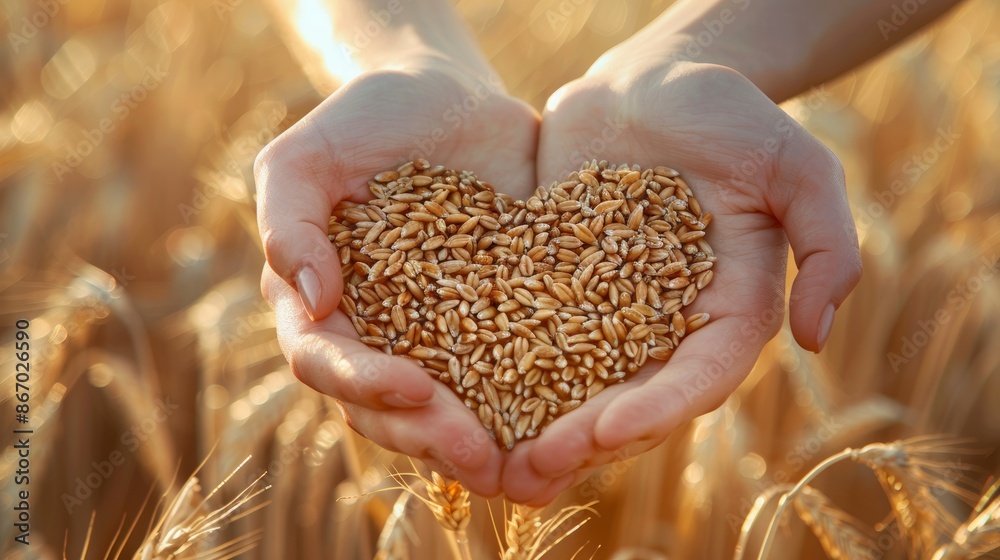 Hands Holding Heart-Shaped Wheat Grains in Golden Harvest Field Hands Holding Heart-Shaped Wheat Grains in Golden Harvest Field