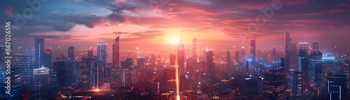 Futuristic City Skyline Illuminated with Electric Currents Creating a Vibrant and Energizing Panorama photo