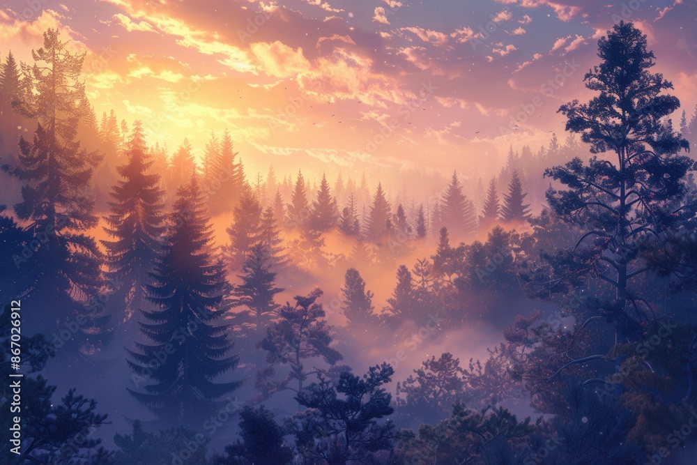 Naklejka premium A serene and mystical forest landscape at dawn, with trees silhouetted against a soft, golden sky and a blanket of mist creating a captivating atmosphere. Generative AI