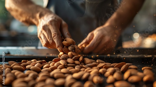 Close-up of hands sorting fresh almonds on a farm, showcasing the process of selecting high-quality nuts for consumption or production.