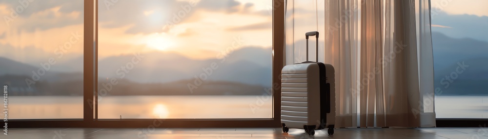 Modern suitcase by window with scenic mountain view, perfect for travel and adventure imagery. Serene sunset background.