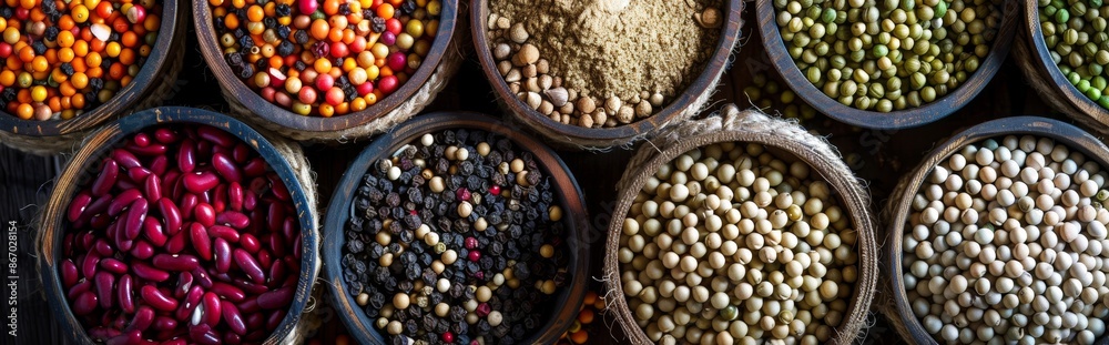 Variety of colorful legumes and spices in wooden barrels Variety of colorful legumes and spices in wooden barrels