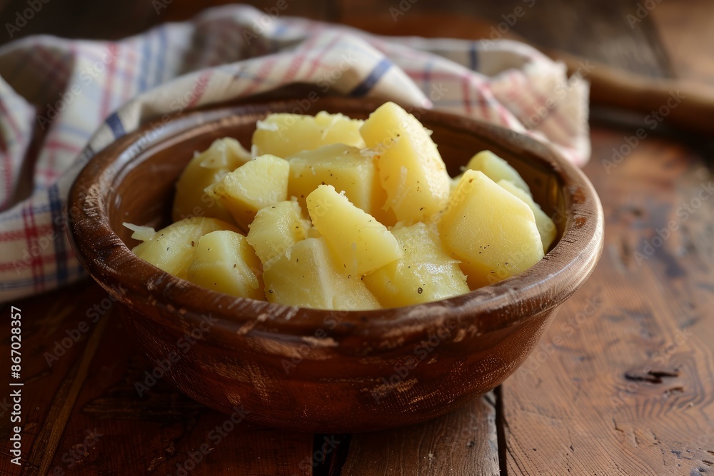 Rustic wooden bowl overflowing with cooked potatoes seasoned with salt and pepper Rustic wooden bowl overflowing with cooked potatoes seasoned with salt and pepper