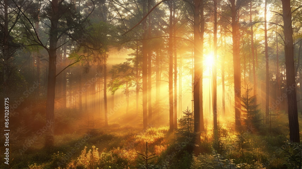 Fototapeta premium A serene forest landscape at dawn, with golden light filtering through misty trees. Generative AI
