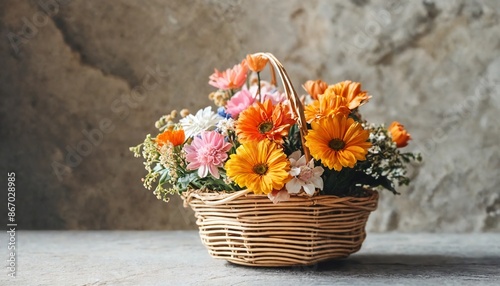 Wicker rattan basket with flowers on a stone background