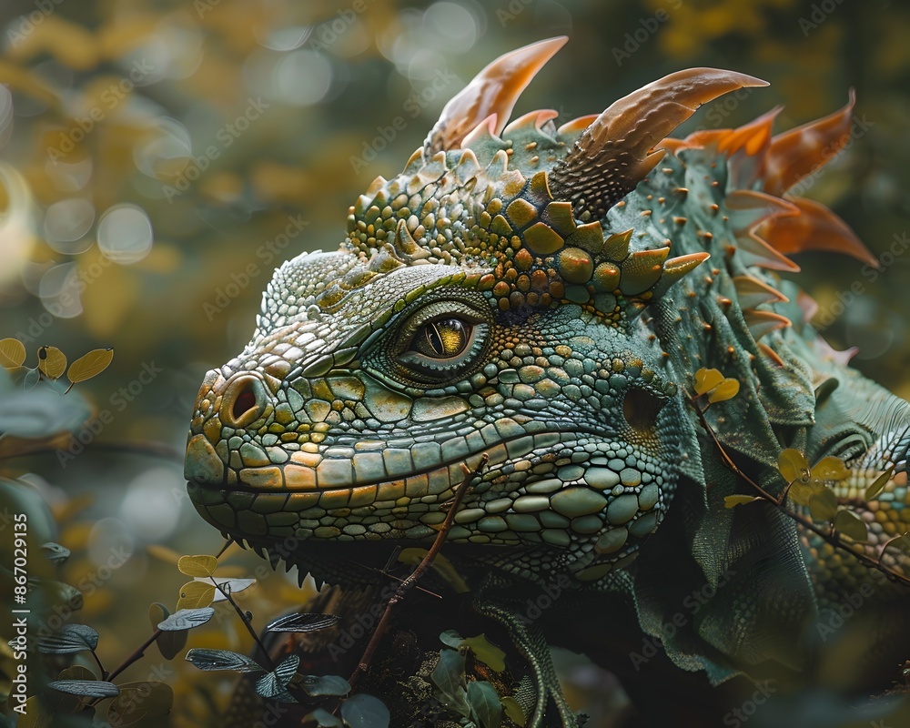 Powerful Fantasy Dragon Camouflaged in Lush Forest Canopy Powerful Fantasy Dragon Camouflaged in Lush Forest Canopy