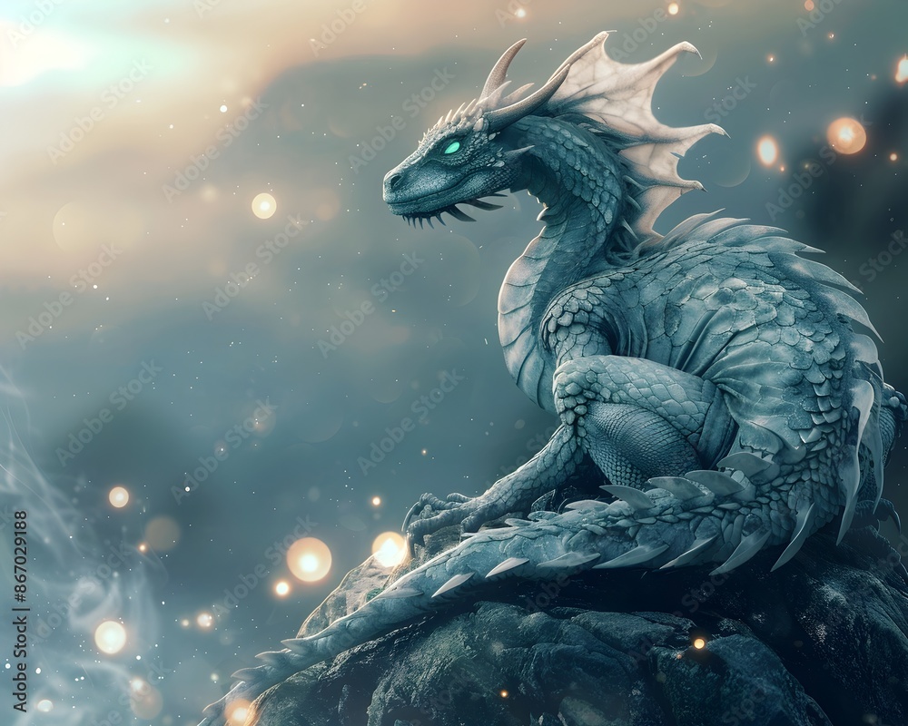 Serene Dragon Meditating on a Mountain Surrounded by Glowing Orbs of Light Fantasy Creature Digital Art Concept Serene Dragon Meditating on a Mountain Surrounded by Glowing Orbs of Light Fantasy Creature Digital Art Concept