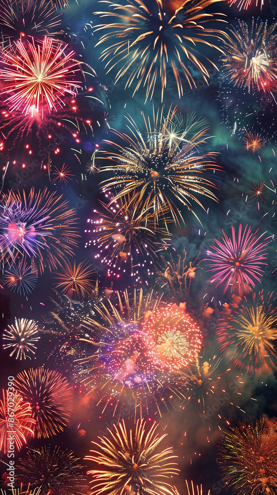 Fototapeta premium images of numerous fireworks floating in a clear, colorful sky 