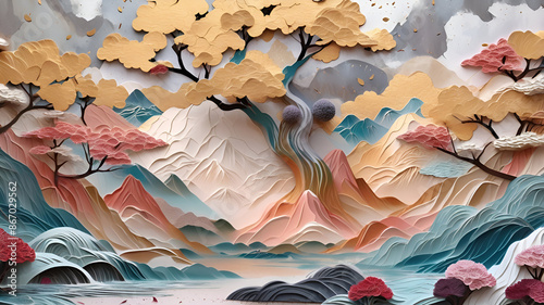 Modern sakura tree and mountain 3d relief mural wallpaper.