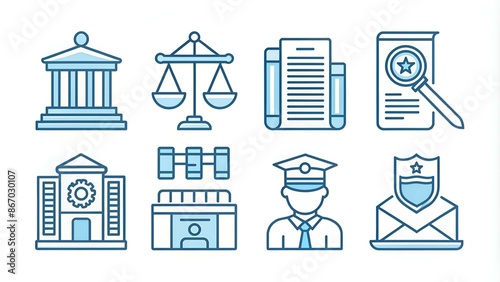 Law and justice thin line icons set vector illustration. Abstract outline legal system badges and symbols, documents for agreement and judgment, judge gavel and injunction, police station and prison photo