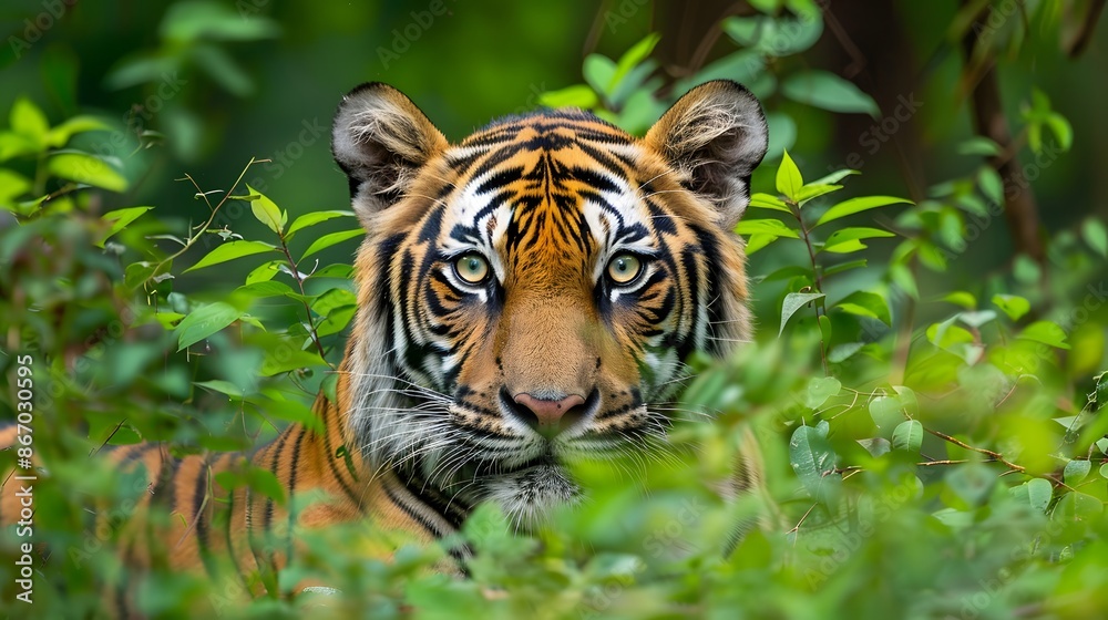 beautiful bengal tiger with lush green habitat background. beautiful bengal tiger with lush green habitat background.