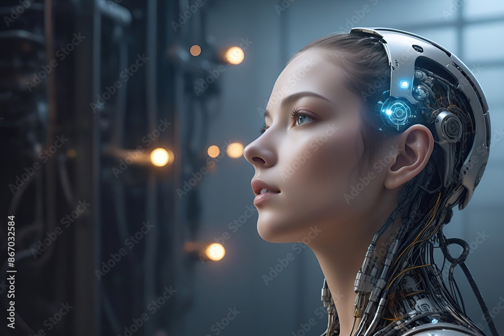 ai generative, female cyborg with mechanisms and wires in head, digital technological as a background