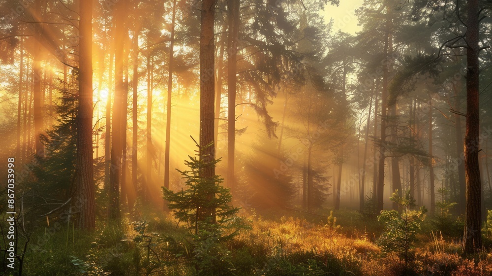 Fototapeta premium A serene forest scene at dawn, with sunlight filtering through the trees and illuminating the mist. Generative AI