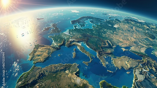 Digital world globe centered on America, illustrating global network and connectivity on Earth, data transfer, cyber technology, information exchange, and international telecommunication.