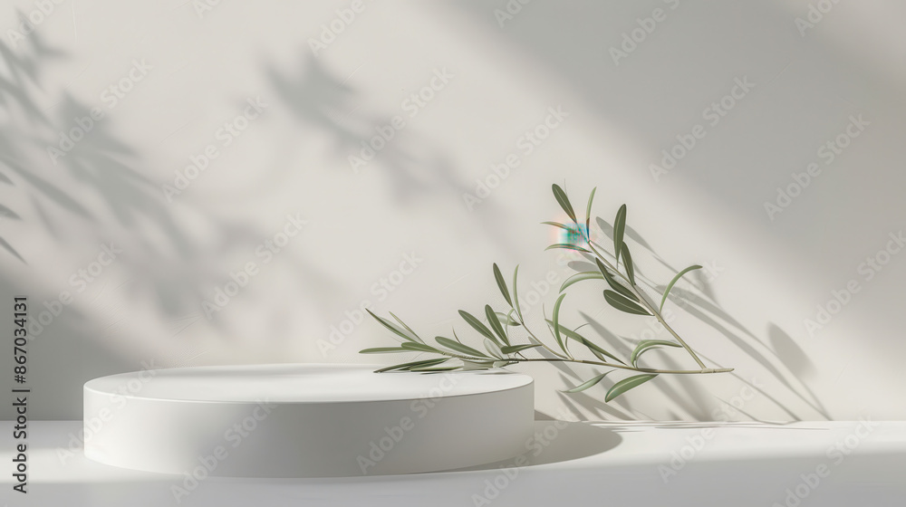 a minimalistic display with a white circular platform and a green olive branch casting shadows a minimalistic display with a white circular platform and a green olive branch casting shadows