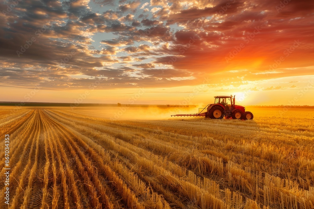 Fototapeta premium Red Tractor in a Golden Field at Sunset