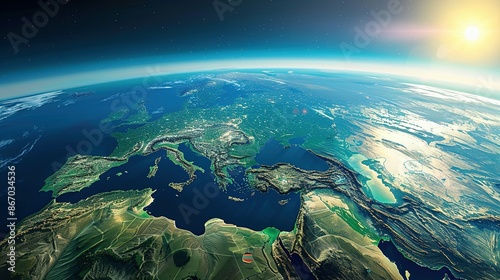 Digital world globe centered on America, illustrating global network and connectivity on Earth, data transfer, cyber technology, information exchange, and international telecommunication.
