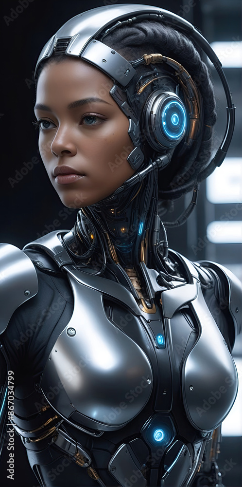 ai generative, female cyborg with mechanisms and wires in head, digital technological as a background ai generative, female cyborg with mechanisms and wires in head, digital technological as a background
