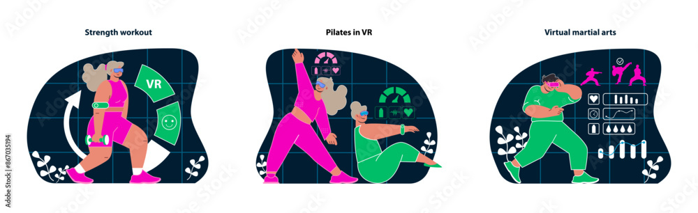 VR Workout trio. Strength training, Pilates, and martial arts in a virtual world. VR Workout trio. Strength training, Pilates, and martial arts in a virtual world.