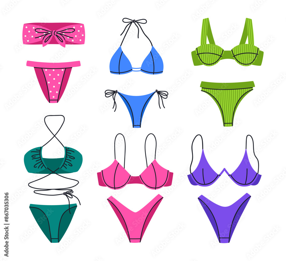 Colorful swimming wear. Women's beach fashion swimwear, stylish swimwear, bikini, bras and panties, flat vector illustration set. Summer vacation female garments Colorful swimming wear. Women's beach fashion swimwear, stylish swimwear, bikini, bras and panties, flat vector illustration set. Summer vacation female garments