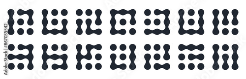 Metaball shapes logos. Abstract spotted graphic elements, connected liquid molecule figures flat vector illustration set. Modern metaball shapes collection