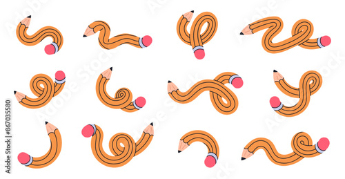Twisted pencils. Curved funny pencils, intertwined yellow simple pencil, cute school supplies flat vector illustration set. Funky twisted pencils