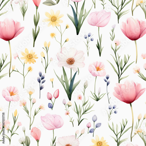 A seamless pattern of delicate watercolor flowers, pastel pink tulips and daffodils