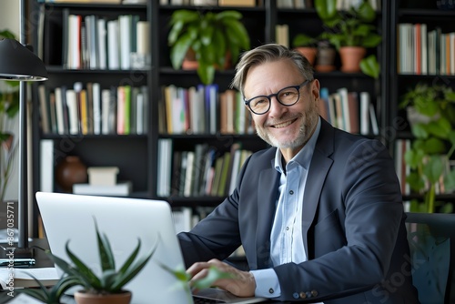 Smiling mature businessman working on laptop in modern office with bookcase background.
