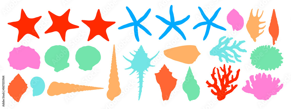 Colorful silhouette illustrations of various seashells, starfishes and corals isolated on transparent background Colorful silhouette illustrations of various seashells, starfishes and corals isolated on transparent background