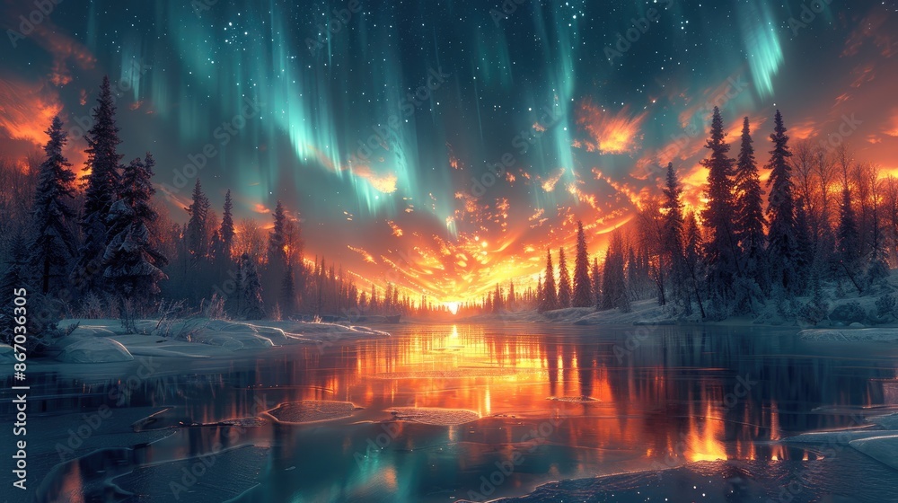 Naklejka premium Aurora Borealis over Frozen Lake