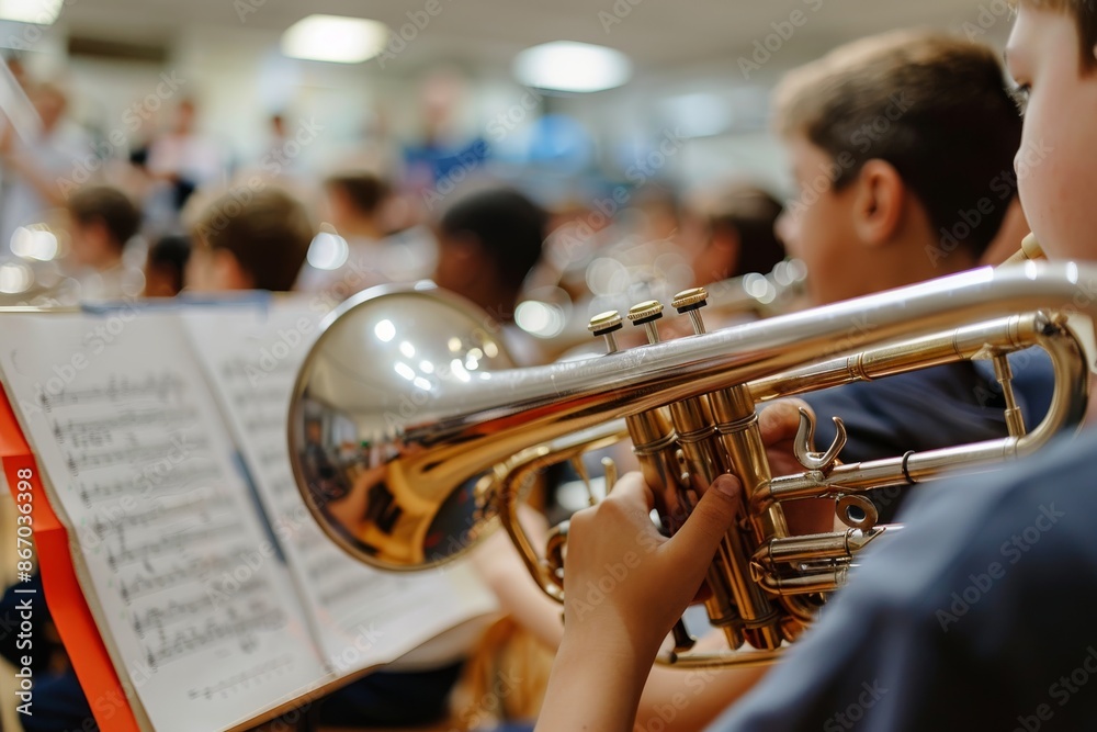 Fototapeta premium A Young Musician Playing the Trumpet in a Brass Band