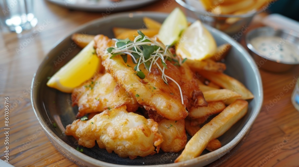 A plate of crispy battered fish made with foraged seaweed and served with hand fries. A plate of crispy battered fish made with foraged seaweed and served with hand fries.